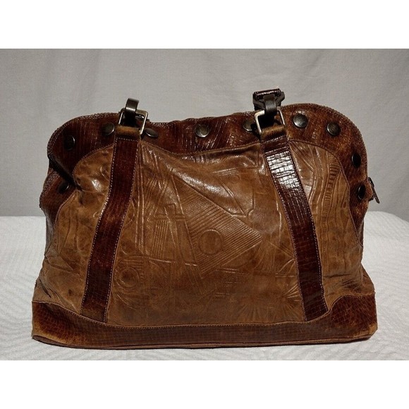 Vintage Lisandro Sarasota Large 2-Tone Brown Leather Engraved Double Handle Bag - Picture 2 of 16